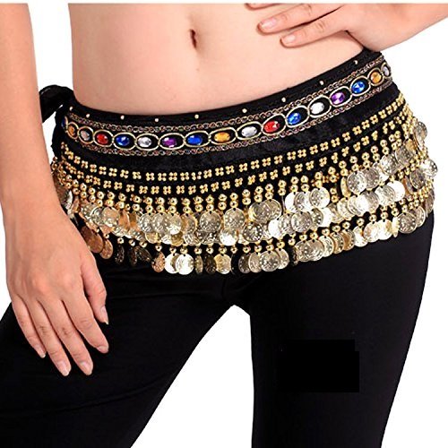 Belly Dance Hip Scarf Waist Belt with Gold Coins for Women and Girls ( Premium Black)