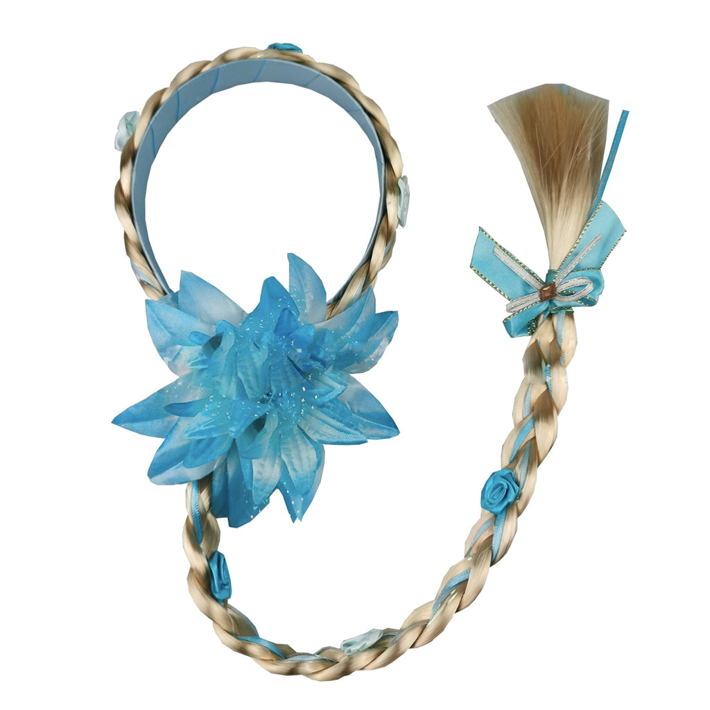 Frozen Elsa Princess Hairpiece Long 29" Cosplay Braided Wigs for Girls Princess Dress Up Accessories (Blue Flower)
