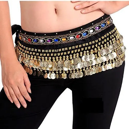 Belly Dance Hip Scarf Waist Belt with Gold Coins for Women and Girls ( Premium Black) Fancydresswale