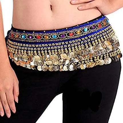 Belly Dance Hip Scarf Waist Belt with Gold Coins for Women and Girls (Premium Blue) Fancydresswale