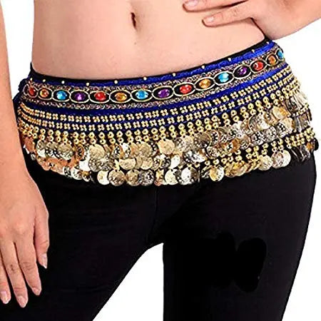 Belly Dance Hip Scarf Waist Belt with Gold Coins for Women and Girls (Premium Blue) Fancydresswale