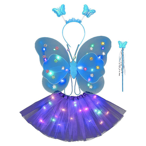 Butterfly wings, Skirt, hairband and magic wand with LED lights for Girl's Birthday One size fits (3-7 Years)-Blue