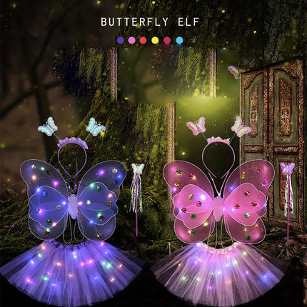 Butterfly wings, Skirt, hairband and magic wand with LED lights for Girl's Birthday One size fits (3-7 Years)-Dark Pink fancydresswale.com
