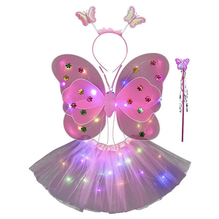 Butterfly wings, Skirt, hairband and magic wand with LED lights for Girl's Birthday One size fits (3-7 Years)-Pink fancydresswale.com