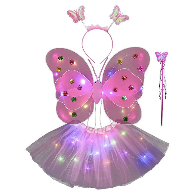 Butterfly wings, Skirt, hairband and magic wand with LED lights for Girl's Birthday One size fits (3-7 Years)-Pink fancydresswale.com