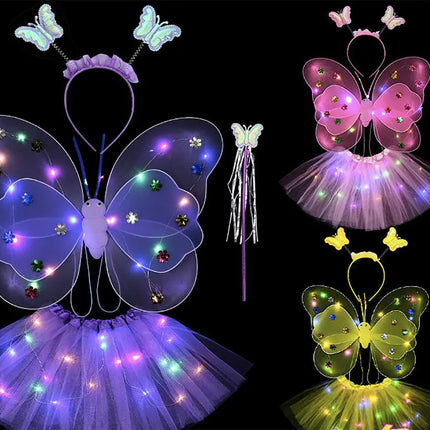 Butterfly wings, Skirt, hairband and magic wand with LED lights for Girl's Birthday One size fits (3-7 Years)-Pink fancydresswale.com