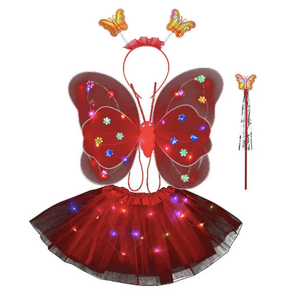 Butterfly wings, Skirt, hairband and magic wand with LED lights for Girl's Birthday One size fits (3-7 Years)-Red fancydresswale.com