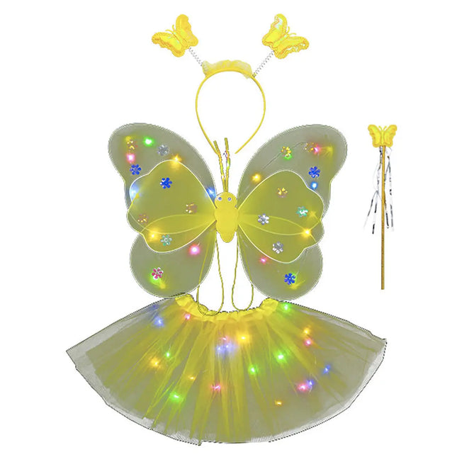 Butterfly wings, Skirt, hairband and magic wand with LED lights for Girl's Birthday One size fits (3-7 Years)-Yellow fancydresswale.com