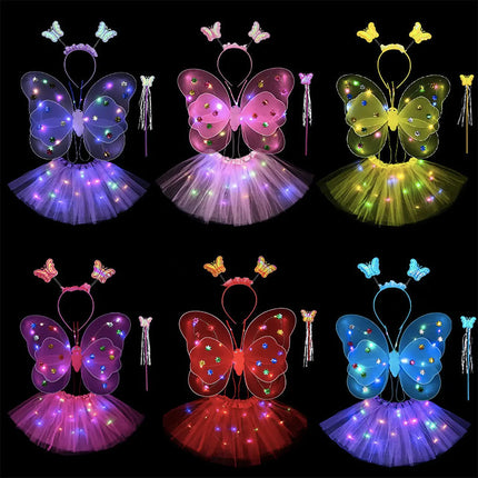 Butterfly wings, Skirt, hairband and magic wand with LED lights for Girl's Birthday One size fits (3-7 Years)-Yellow fancydresswale.com