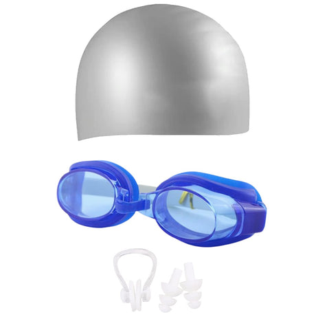 Swimming Cap and Goggle combo for all age groups- Silver-Blue Color