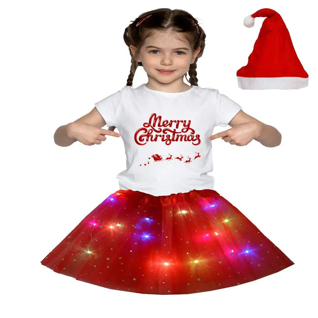 Christmas T_Shirt and Tutu Led Skirt with X-Mas Santa Cap Christmas Party Dress for Girls Fancydresswale