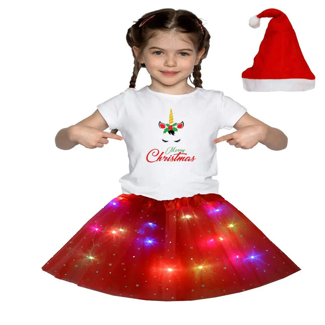 Christmas T_Shirt and Tutu Led Skirt with X-Mas Santa Cap Christmas Party Dress for Girls Fancydresswale