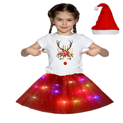 Christmas T_Shirt and Tutu Led Skirt with X-Mas Santa Cap Christmas Party Dress for Girls Fancydresswale