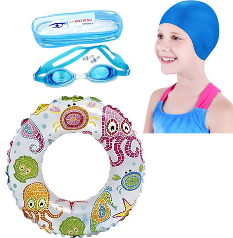 Fancydresswale Swimming Set for Kids with Swimming Goggles, Cap and Swim Ring, Random Colors and Design; Suitable of 3-6 Years