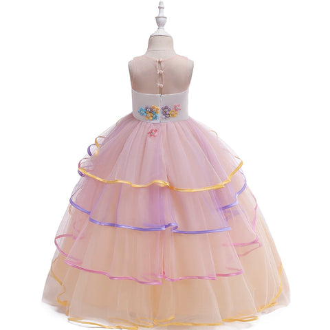 Unicorn Princess Costume Birthday Pageant Party Dance Performance Carnival Long Maxi Tulle Fancy Dress Up Outfits -Orange
