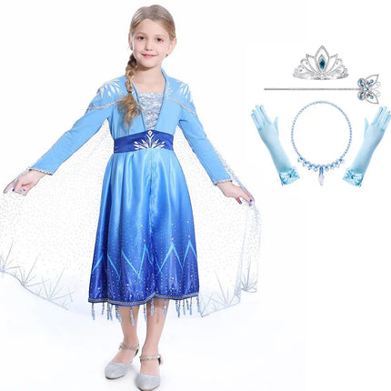 Elsa Girls Sequin Princess Costume Long Sleeve Dress up Birthday Dress with Set of 4 Accessories Fancydresswale
