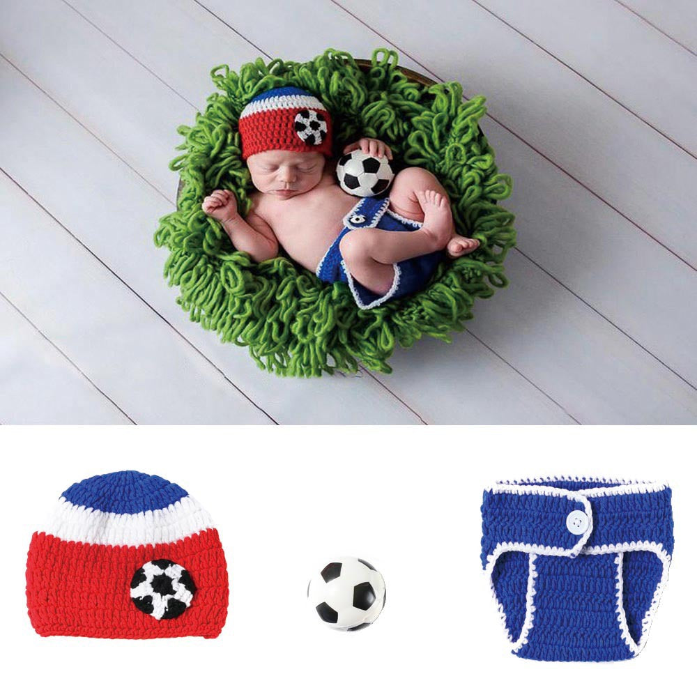 Fancydresswale Infant Football Photography Props Crochet Costume Outfits Red Hat+Blue Soccer Outfit for 0-3 Months Newborn Baby Boy Girl