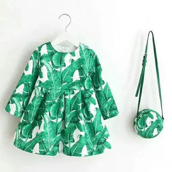 Fancy Girl Baby Print Long Sleeve Dress with Purse Green Fancydresswale