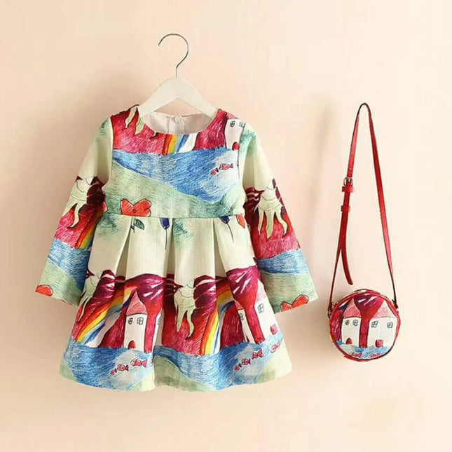 Fancy Girl Baby Print Long Sleeve Dress with Purse Multicolour Fancydresswale.com