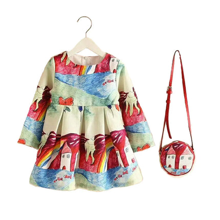 Fancy Girl Baby Print Long Sleeve Dress with Purse Multicolour Fancydresswale.com