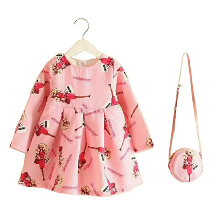 Fancy Girl Baby Print Long Sleeve Dress with Purse Pink Fancydresswale
