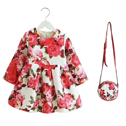 Fancy Girl Baby Print Long Sleeve Dress with Purse Red Fancydresswale