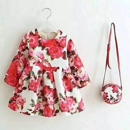 Fancy Girl Baby Print Long Sleeve Dress with Purse Red Fancydresswale