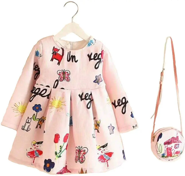 Fancy Girl Baby Print Long Sleeve Dress with Purse champagne Fancydresswale.com