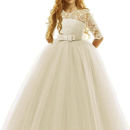 FancyDressWale Flower Vintage Floral Lace 3/4 Sleeves Floor Length Dress Wedding Party Evening Formal Pegeant Gown- Ivory Fancydresswale.com
