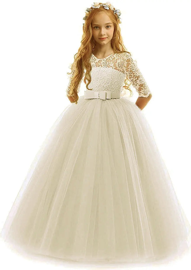 FancyDressWale Flower Vintage Floral Lace 3/4 Sleeves Floor Length Dress Wedding Party Evening Formal Pegeant Gown- Ivory Fancydresswale.com