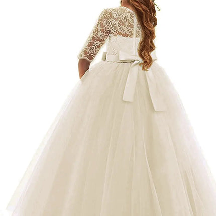 FancyDressWale Flower Vintage Floral Lace 3/4 Sleeves Floor Length Dress Wedding Party Evening Formal Pegeant Gown- Ivory Fancydresswale.com
