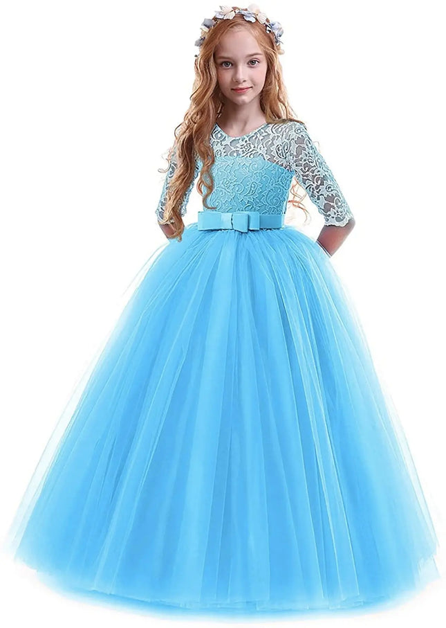 FancyDressWale Girls Flower Vintage Floral Lace 3/4 Sleeves Floor Length Dress Wedding Party Evening Formal Pegeant Dance Gown- Blue Fancydresswale.com