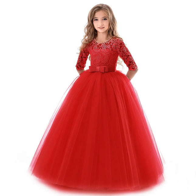 FancyDressWale Girls Flower Vintage Floral Lace 3/4 Sleeves Floor Length Dress Wedding Party Evening Formal Pegeant Dance dress- Red Fancydresswale.com