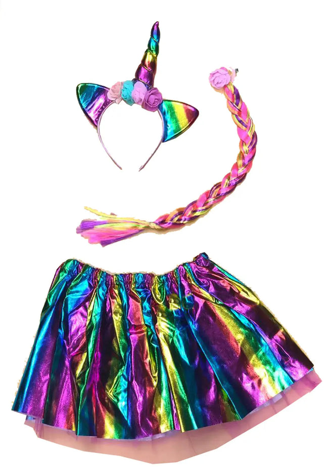 FancyDressWale Unicorn Dress Rainbow Skirt with Braid and Head Band (Free Size 3-7 Years) Fancydresswale