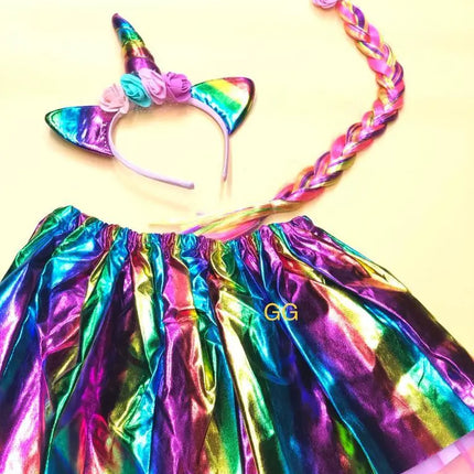 FancyDressWale Unicorn Dress Rainbow Skirt with Braid and Head Band (Free Size 3-7 Years) Fancydresswale
