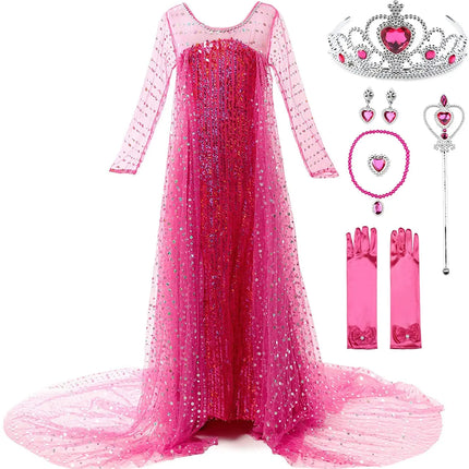 Fancydresswale Elsa Princess Birthday Party Dress for Little Girls with Crown,Wand,Gloves Accessories 3-12 Years, Rose Red fancydresswale.com