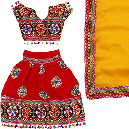 Fancydresswale Embroided Girls Ethnic Lehenga Choli and Dupatta Colour Red Gujrati Girl Navratri Dress Fancydresswale