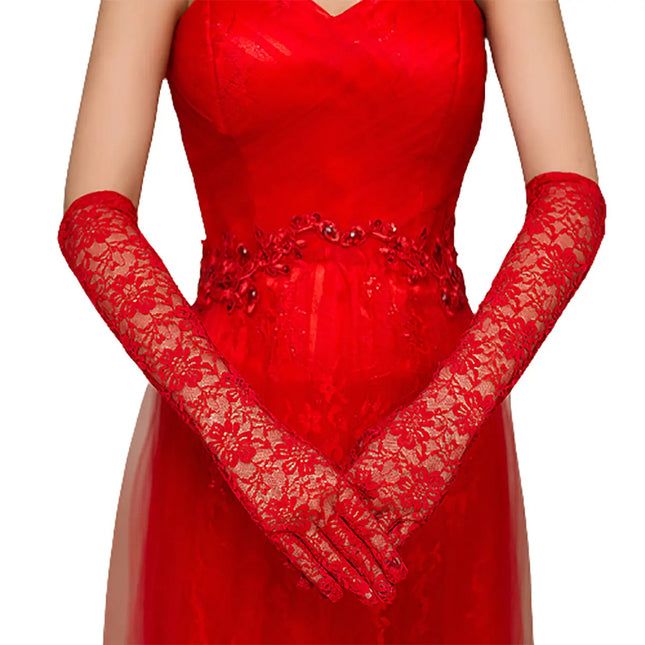 Fancydresswale Floral Lace Gloves for Wedding Opera Party Flapper Lace Gloves Stretchy Adult Size- Red Fancydresswale.com