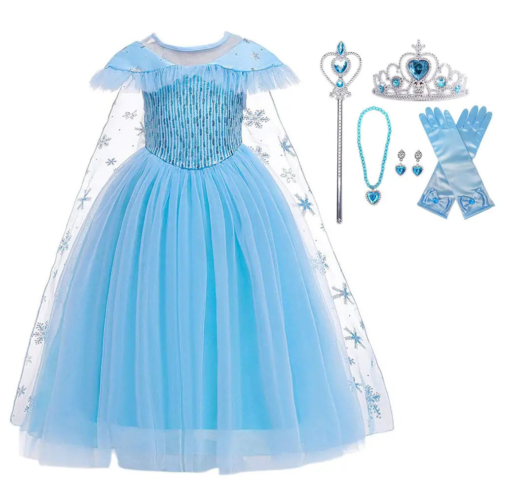Fancydresswale Princess Elsa Party Dress  with,Crown,Necklace,Earrings,Gloves Accessories 3-8 Years