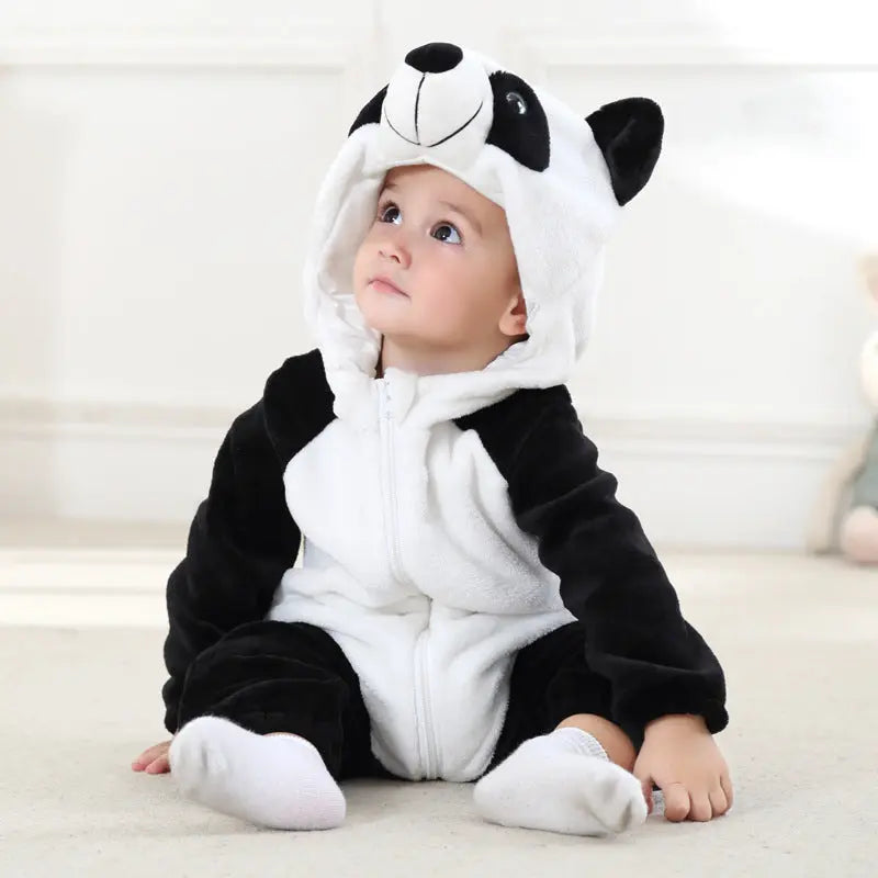 Fancydresswale Unisex Baby Flannel Jumpsuit Panda Style Cosplay Clothes Bunting Outfits Snowsuit Hooded Romper Outwear (Black White Panda)