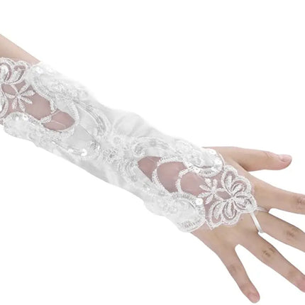 Fancydresswale Women Evening Opera Satin Gloves Fingerless Gathered Lace Sequins Bridal and Costume Party Gloves Fancydresswale