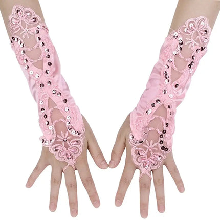 Fancydresswale Women Evening Opera Satin Gloves Fingerless Gathered Lace Sequins Bridal and Costume Party Gloves Fancydresswale