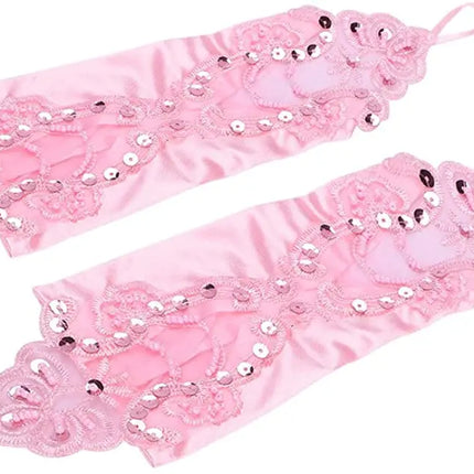 Fancydresswale Women Evening Opera Satin Gloves Fingerless Gathered Lace Sequins Bridal and Costume Party Gloves Fancydresswale