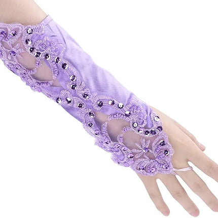 Fancydresswale Women Evening Opera Satin Gloves Fingerless Gathered Lace Sequins Bridal and Costume Party Gloves Fancydresswale