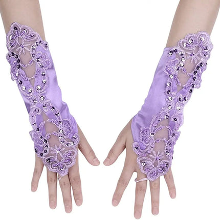 Fancydresswale Women Evening Opera Satin Gloves Fingerless Gathered Lace Sequins Bridal and Costume Party Gloves Fancydresswale