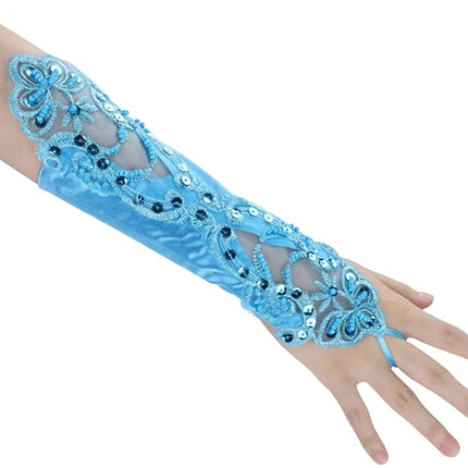 Fancydresswale Women Evening Opera Satin Gloves Fingerless Gathered Lace Sequins Bridal and Costume Party Gloves Fancydresswale