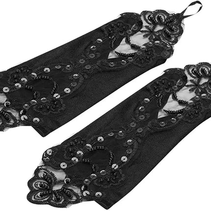 Fancydresswale Women Evening Opera Satin Gloves Fingerless Gathered Lace Sequins Bridal and Costume Party Gloves Fancydresswale