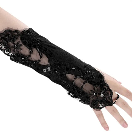 Fancydresswale Women Evening Opera Satin Gloves Fingerless Gathered Lace Sequins Bridal and Costume Party Gloves Fancydresswale