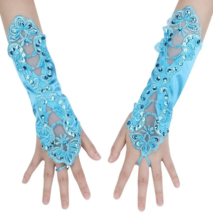 Fancydresswale Women Evening Opera Satin Gloves Fingerless Gathered Lace Sequins Bridal and Costume Party Gloves Fancydresswale