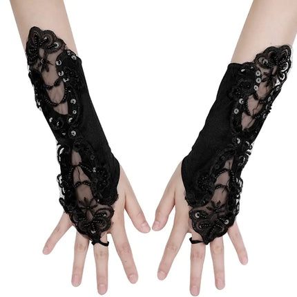 Fancydresswale Women Evening Opera Satin Gloves Fingerless Gathered Lace Sequins Bridal and Costume Party Gloves Fancydresswale